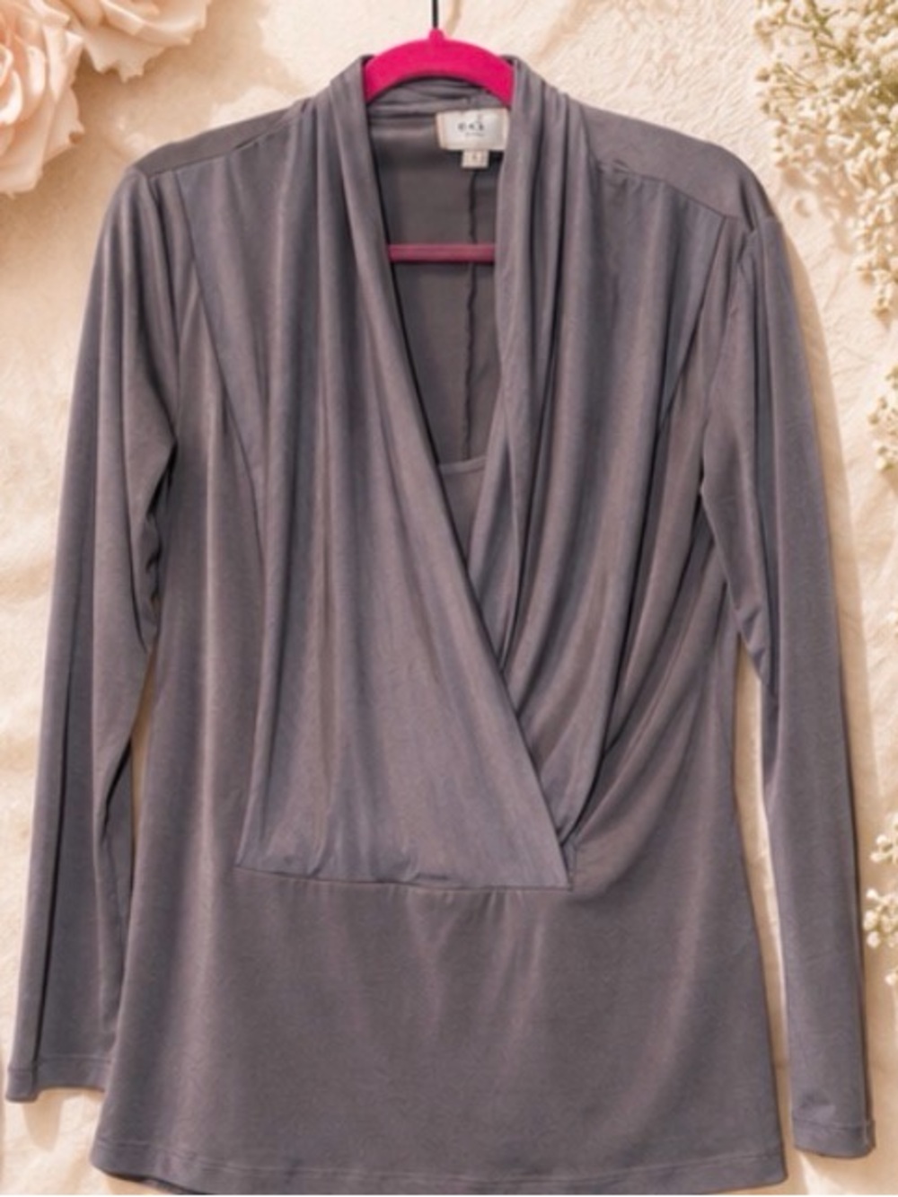 ECI New York Draped Surplice Long-Sleeve Top - Grey Blouse